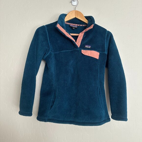 Patagonia Girls Re-Tool Snap-T Pullover Sweater Size L 12 Crater Blue / Pink - Picture 1 of 8